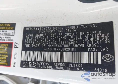 2014 Toyota Camry Se z USA, uszkodzony, nr VIN 4T1BF1FK7EU829181